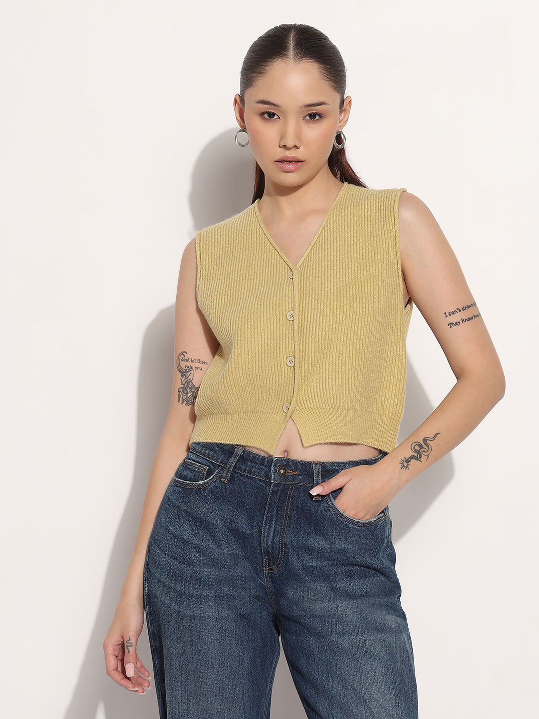 Women's Ribbed Mustard V-Neck Sleeveless Knitted Top