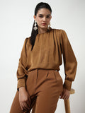 Women's Brown Round Neck Self Design Long Cuffed Sleeves Top