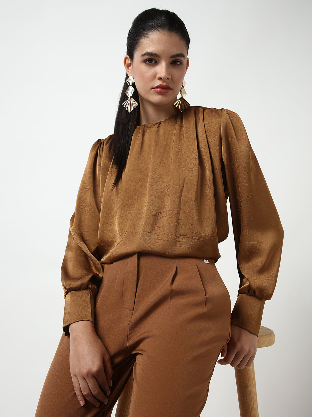 Women's Brown Round Neck Self Design Long Cuffed Sleeves Top