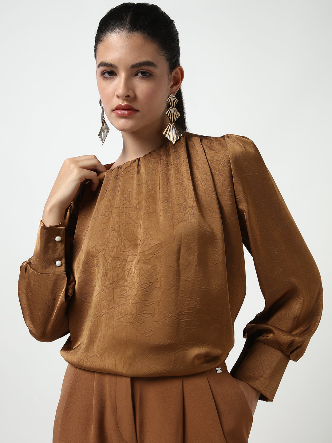 Women's Brown Round Neck Self Design Long Cuffed Sleeves Top