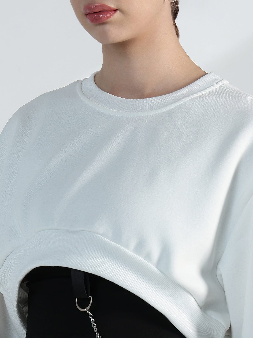 Women's White Crop Sweatshirt with Chain Detail
