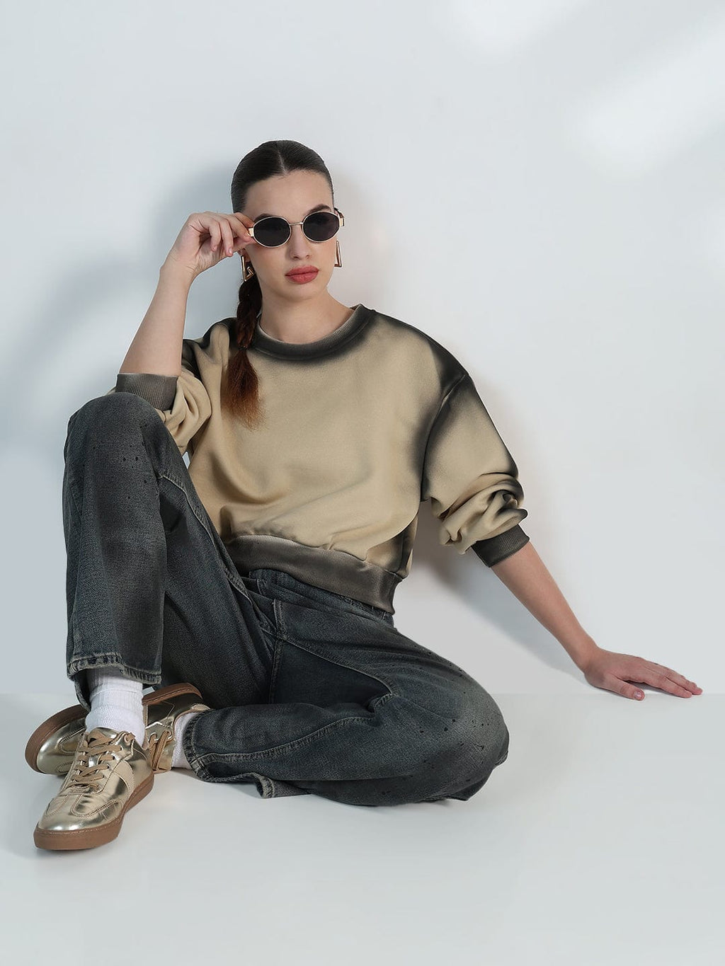 Women's Beige Round neck Oversized Sweatshirt