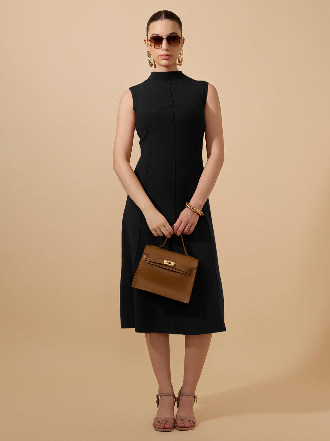 Women's Textured Black High Neck Sleeveless A-Line Midi Dress