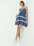 Women's Blue A-Line Mini Dress with Smocked Bodice and White Contrast Straps