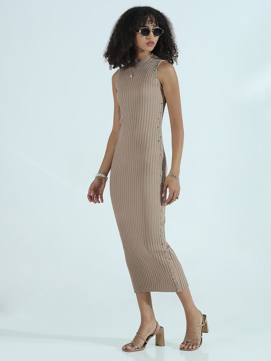 Women's Ribbed Beige High Neck Bodycon Midi Dress with Studs