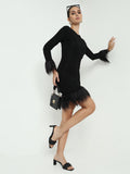 Women's Black Bodycon Mini Dress with Fur Cuff & Hem