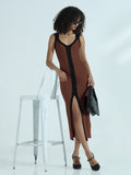 Women's Ribbed Brown V-Neck Sleevless Dress with Front Slit and Contrast Trim Detail