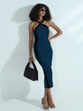 Women's Ribbed Teal Halter Neck Bodycon Dress with Black Stripes