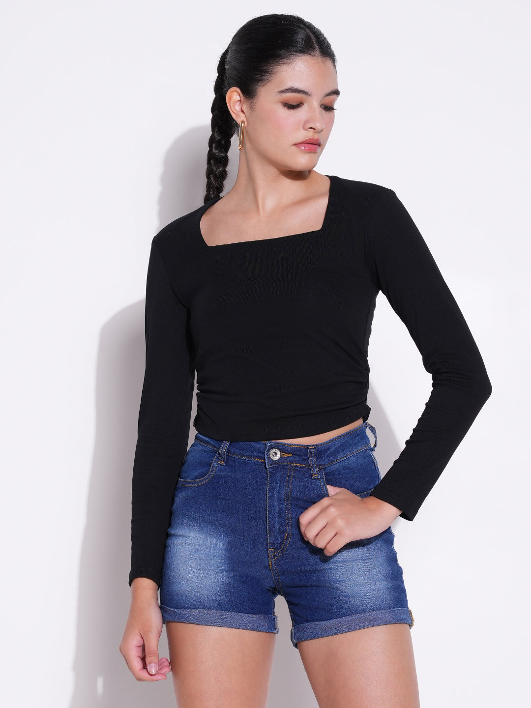 Women's Black Square Neck Cotton Crop Top