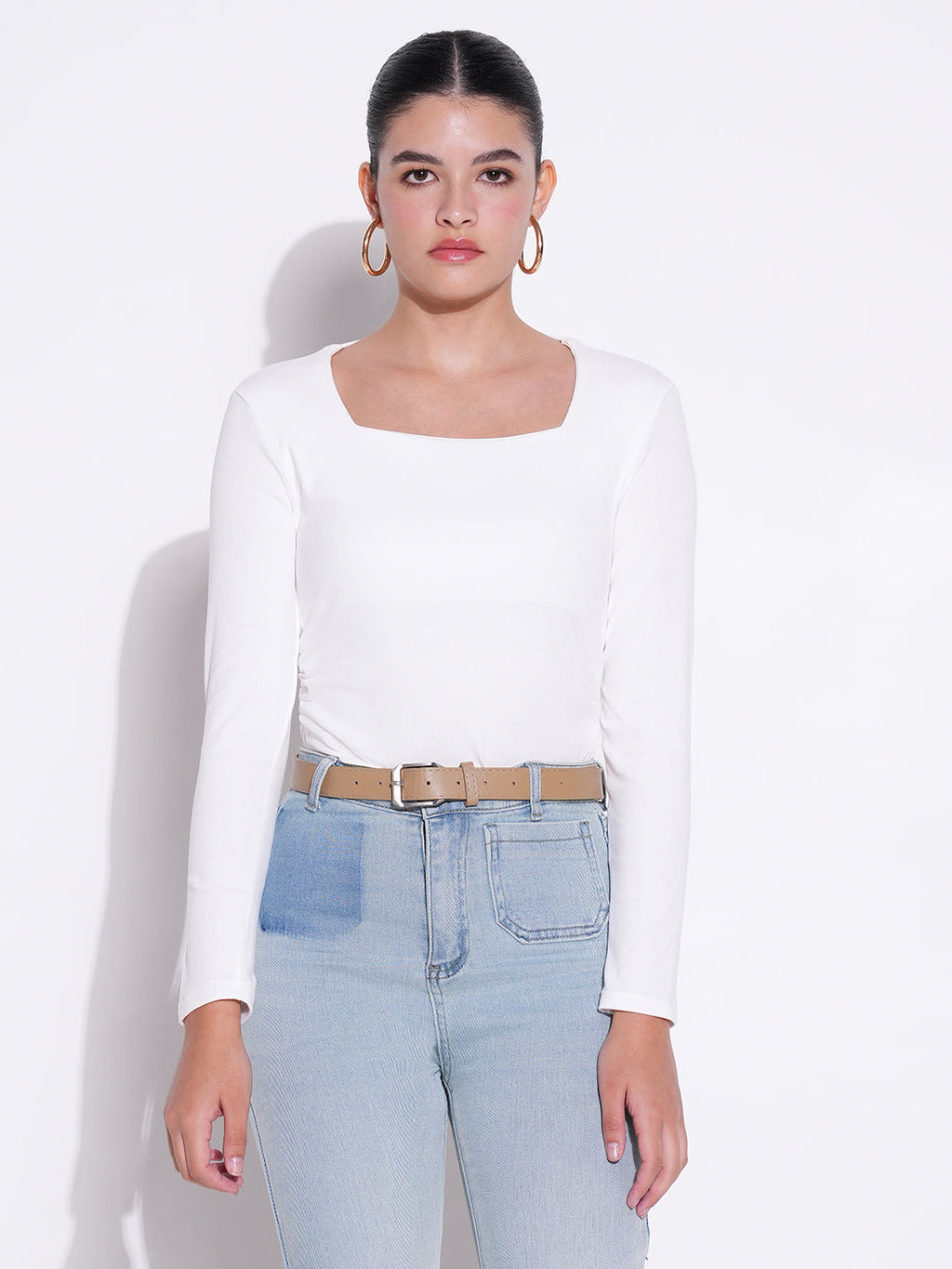 Women's Ruched White Square Neck Full Sleeves Top