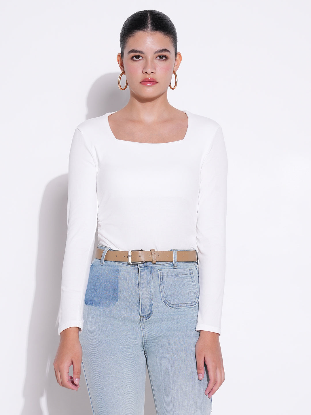Women's Ruched White Square Neck Full Sleeves Top