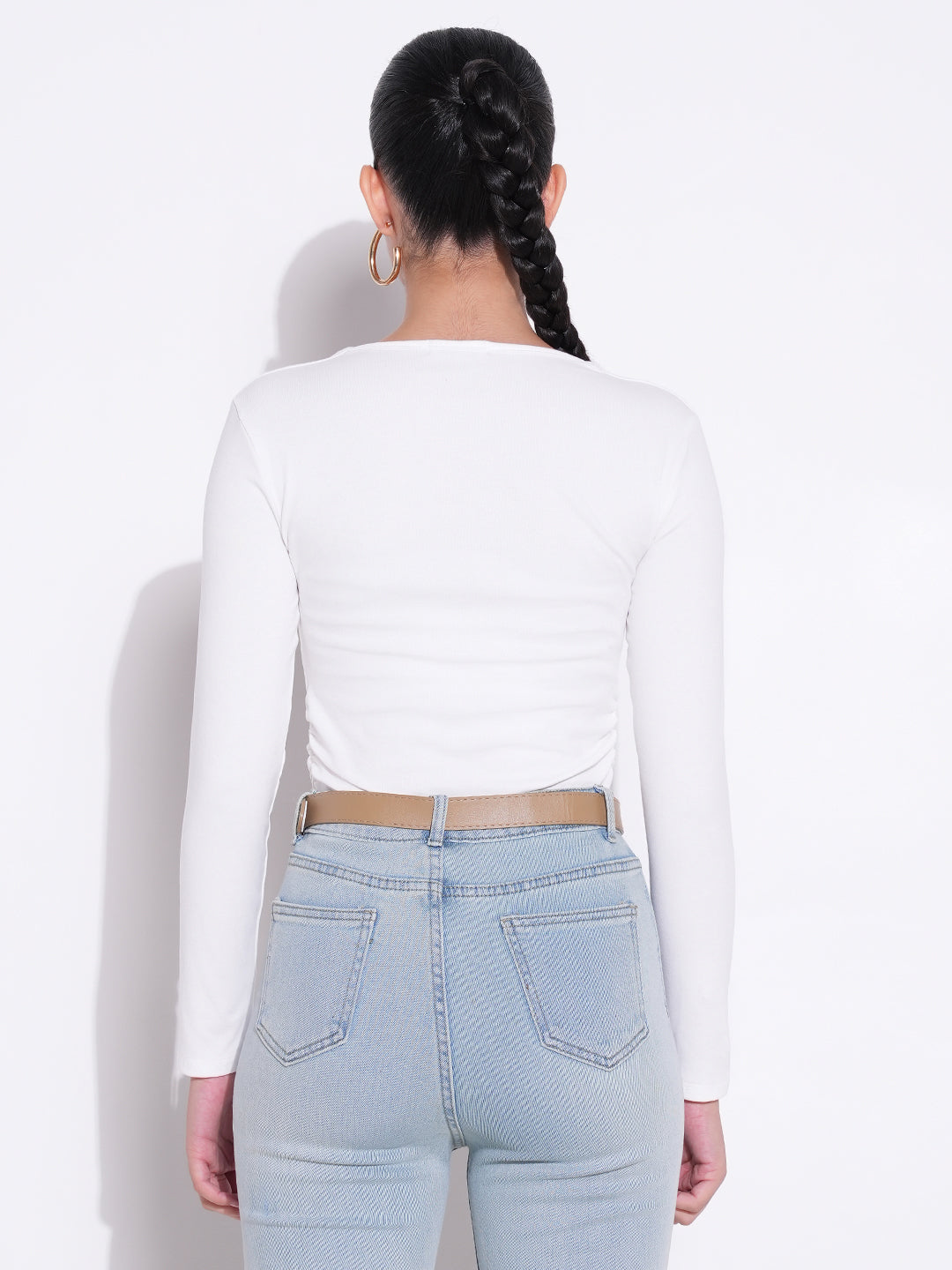 Women's Ruched White Square Neck Full Sleeves Top
