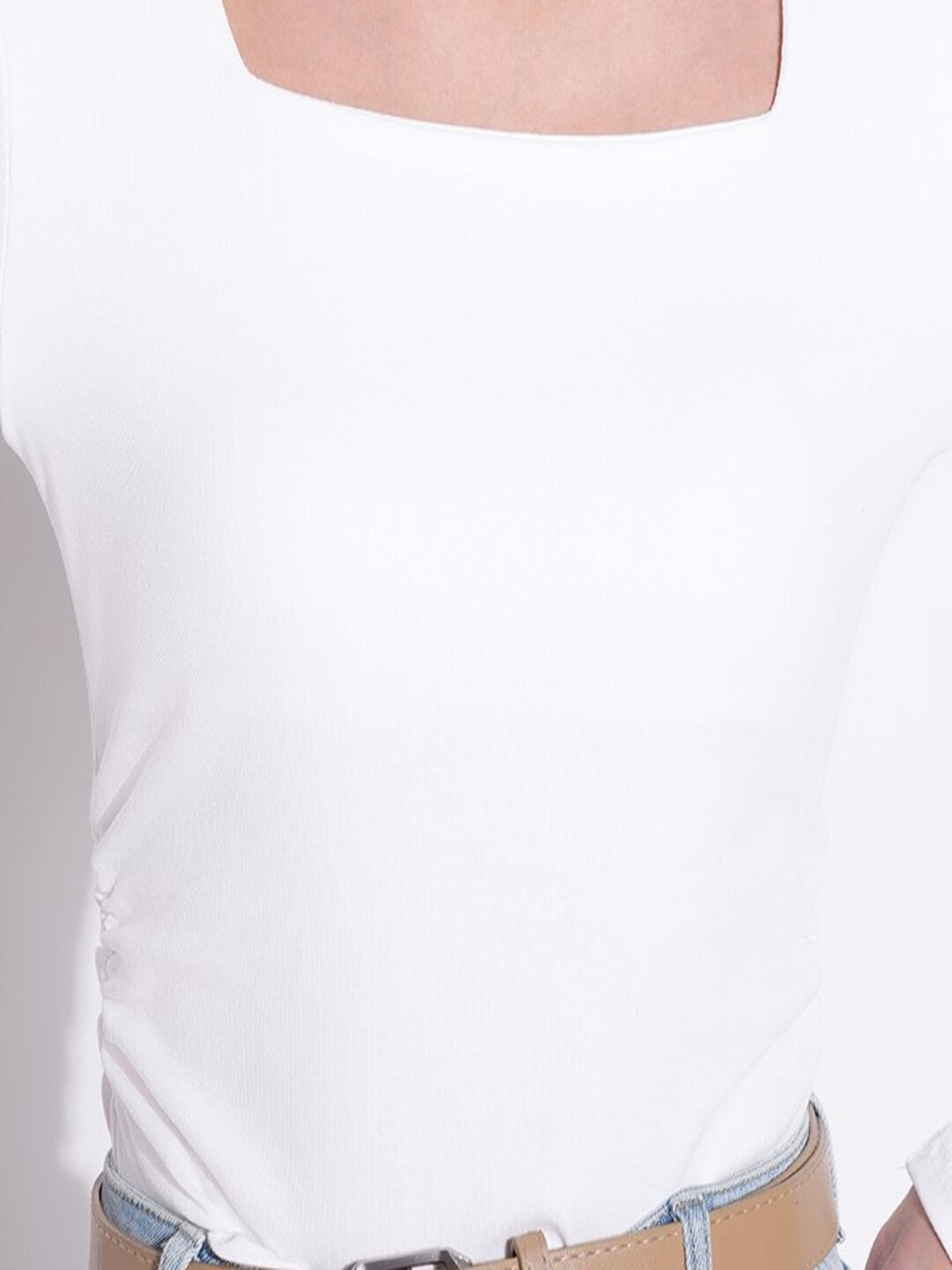 Women's Ruched White Square Neck Full Sleeves Top