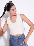 Women's Cream Self Design Sleeveless Crop Top