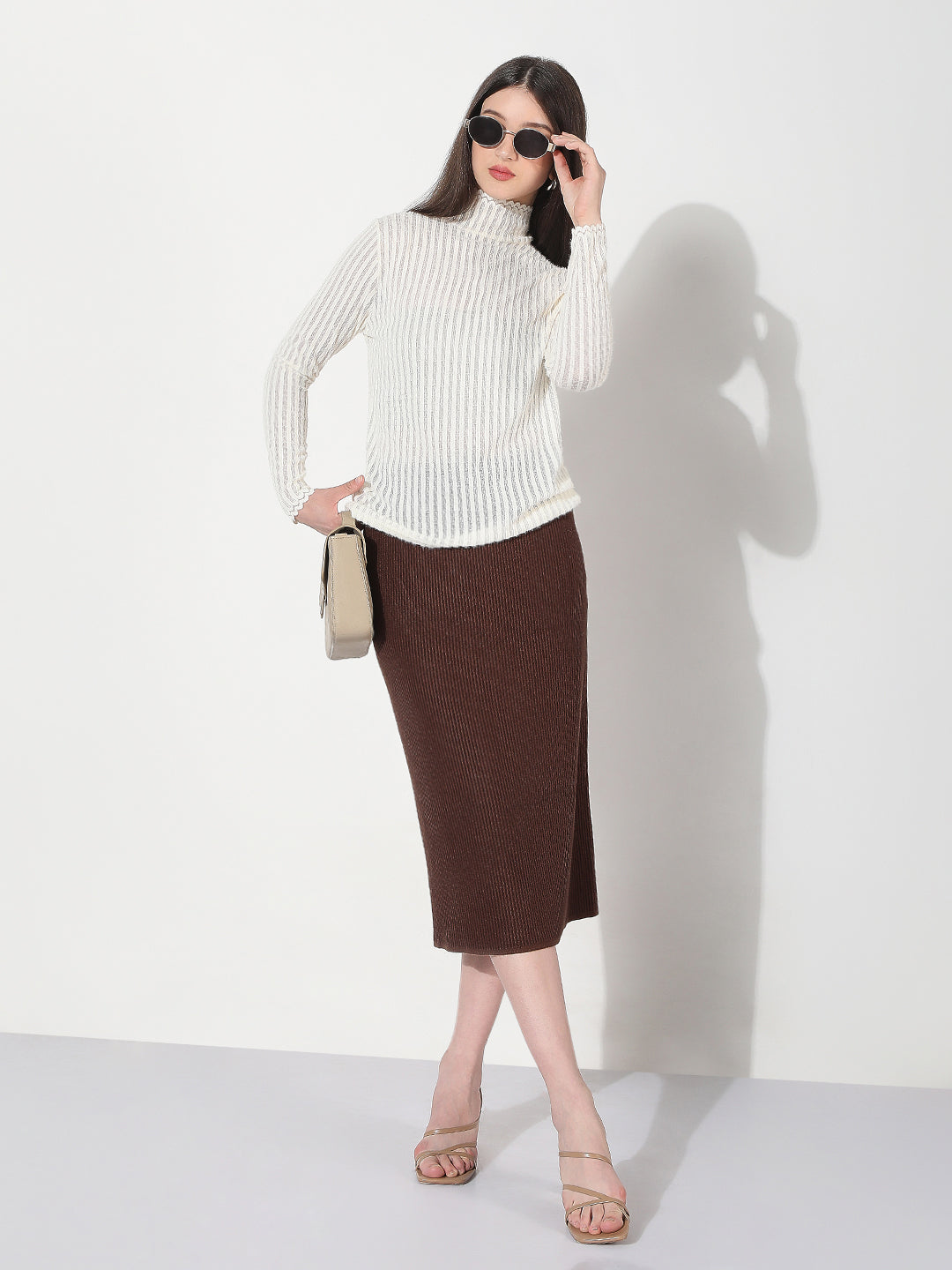 Women's Textured White High Neck Knitted Top