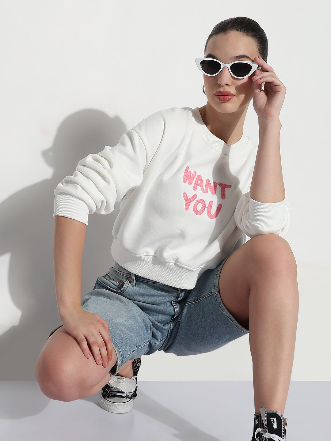 Women's Typography Embroidered White Crew Neck Crop Top