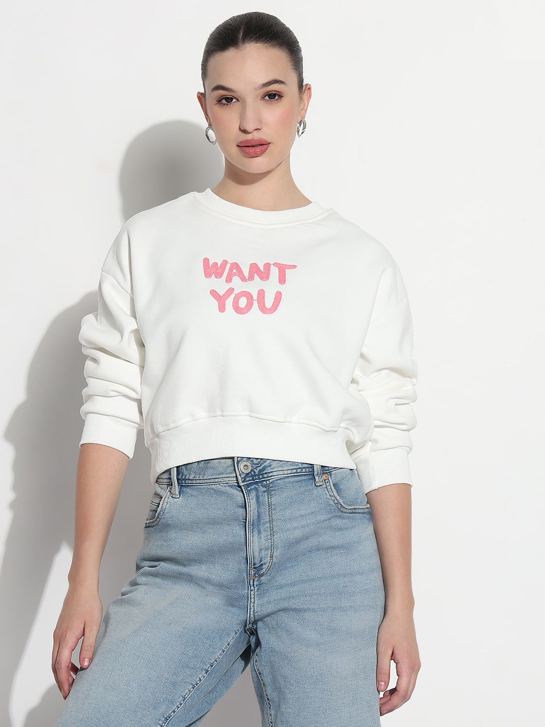 Women's Typography Embroidered White Crew Neck Crop Top