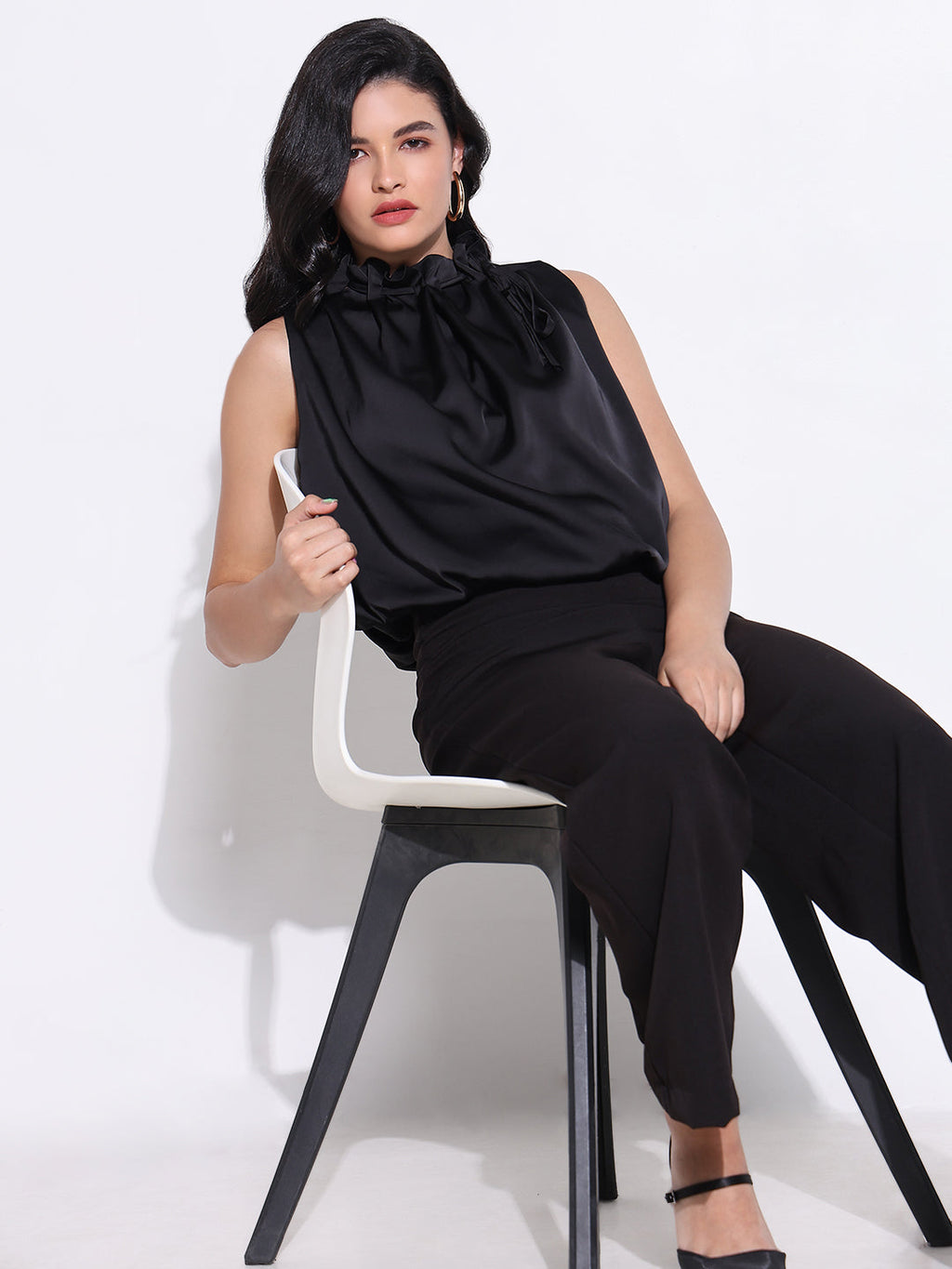 Women's Black Satin Balloon Top with Neck Tie
