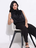 Women's Black Satin Balloon Top with Neck Tie
