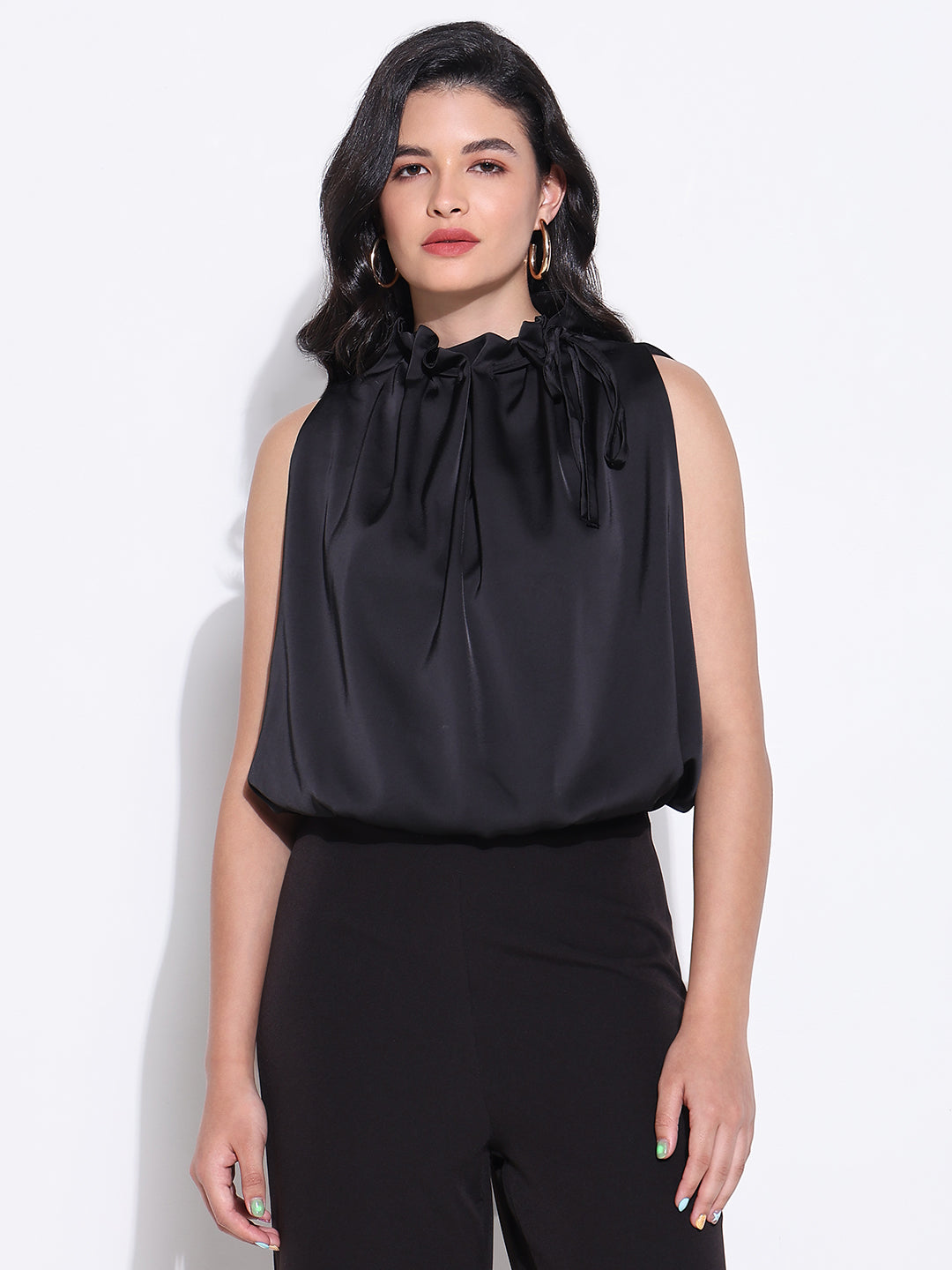 Women's Black Satin Balloon Top with Neck Tie