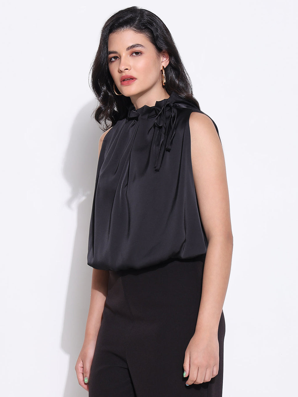 Women's Black Satin Balloon Top with Neck Tie