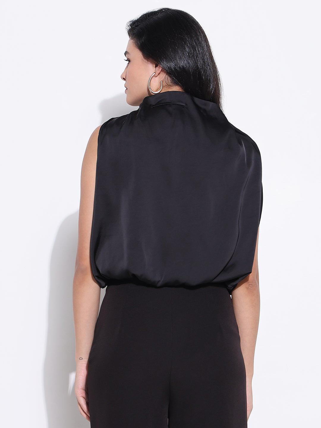 Women's Black Satin Balloon Top with Neck Tie