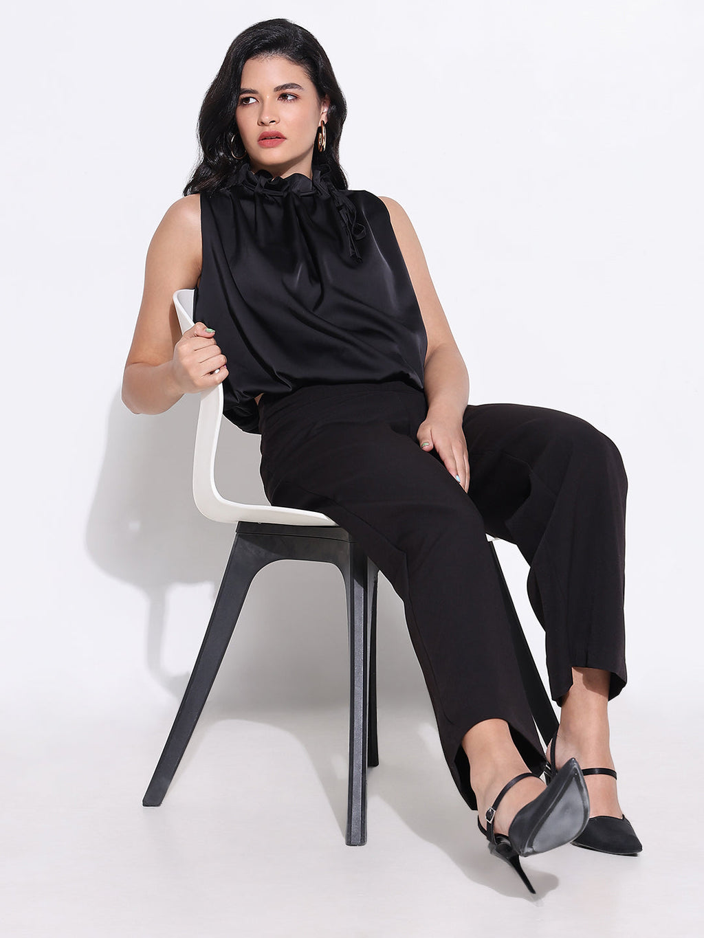 Women's Black Satin Balloon Top with Neck Tie