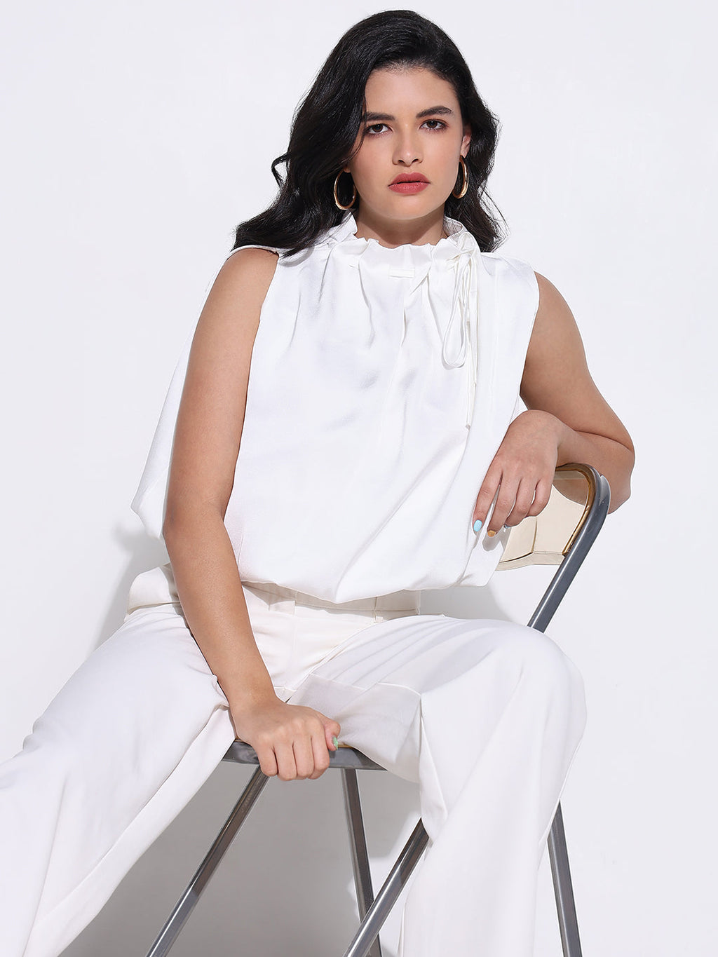 Women's White Satin Balloon Top with Neck Tie