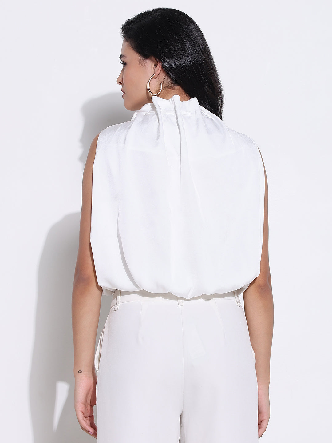 Women's White Satin Balloon Top with Neck Tie