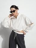 Women's White Shirt Collar Crop Tailored Jacket with Slit Sleeve Details