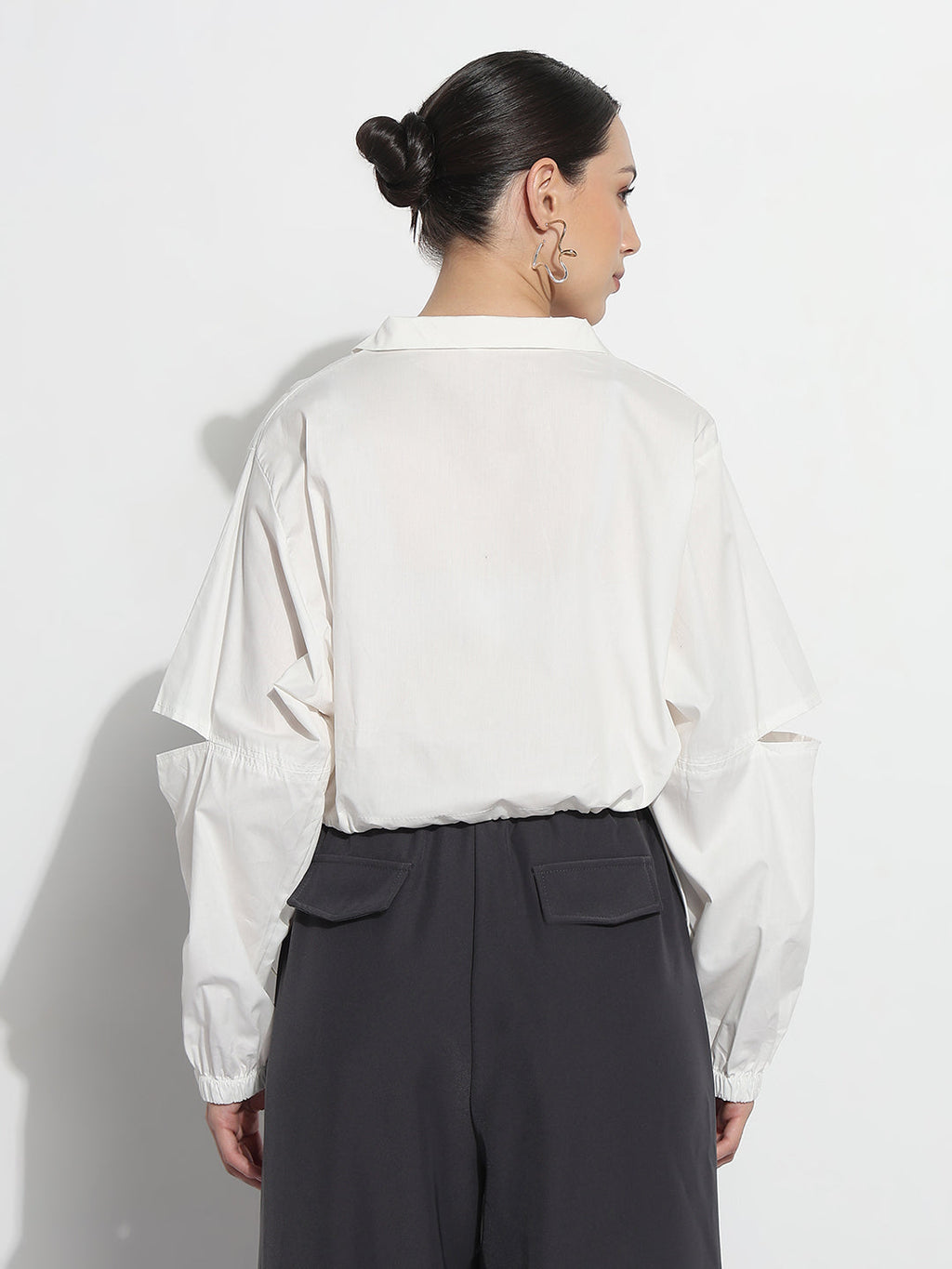 Women's White Shirt Collar Crop Tailored Jacket with Slit Sleeve Details
