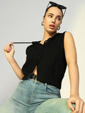 Women's Ribbed Black Hooded Short Top with Buttons