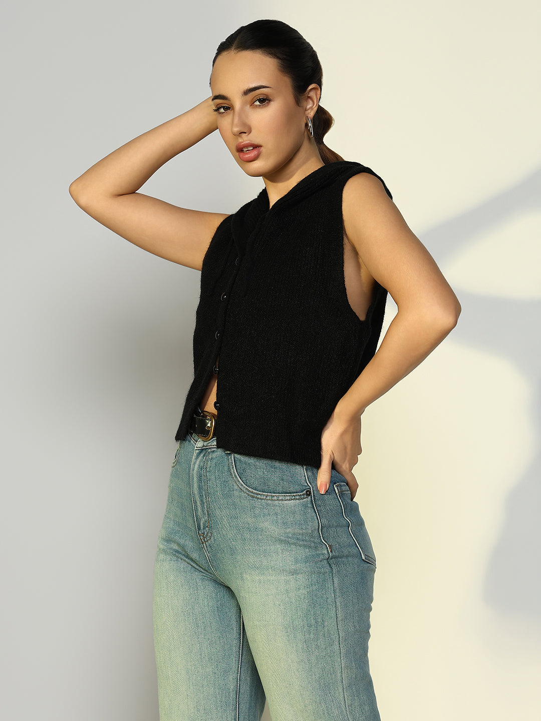 Women's Ribbed Black Hooded Short Top with Buttons