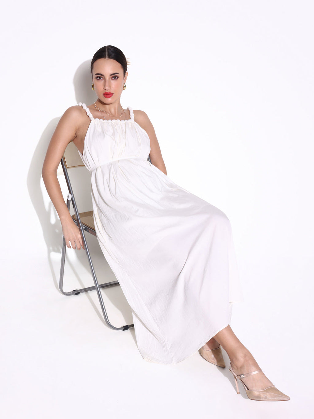 Women's Off White Beaded Neck Slip On Maxi Dress with Waist Tie