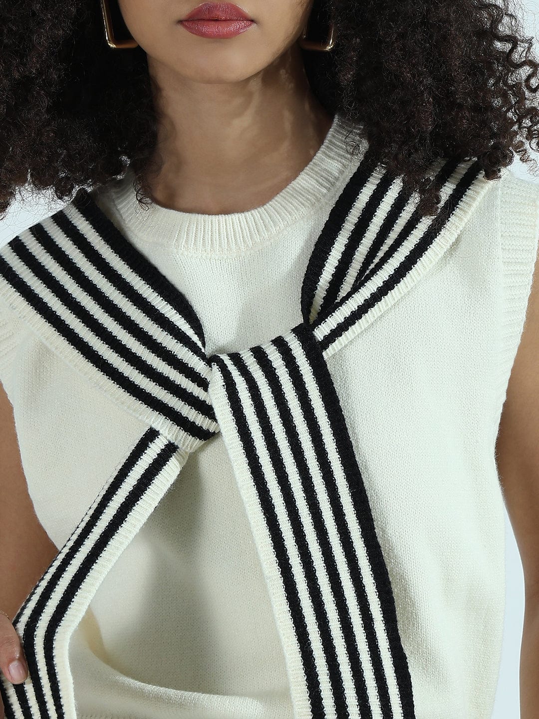 Women's Cream Sleeveless Knit Sweater Vest Top with Striped Tie-Up Detail