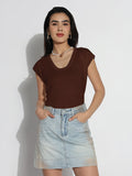 Women's Casual Solid Brown Round Neck Top