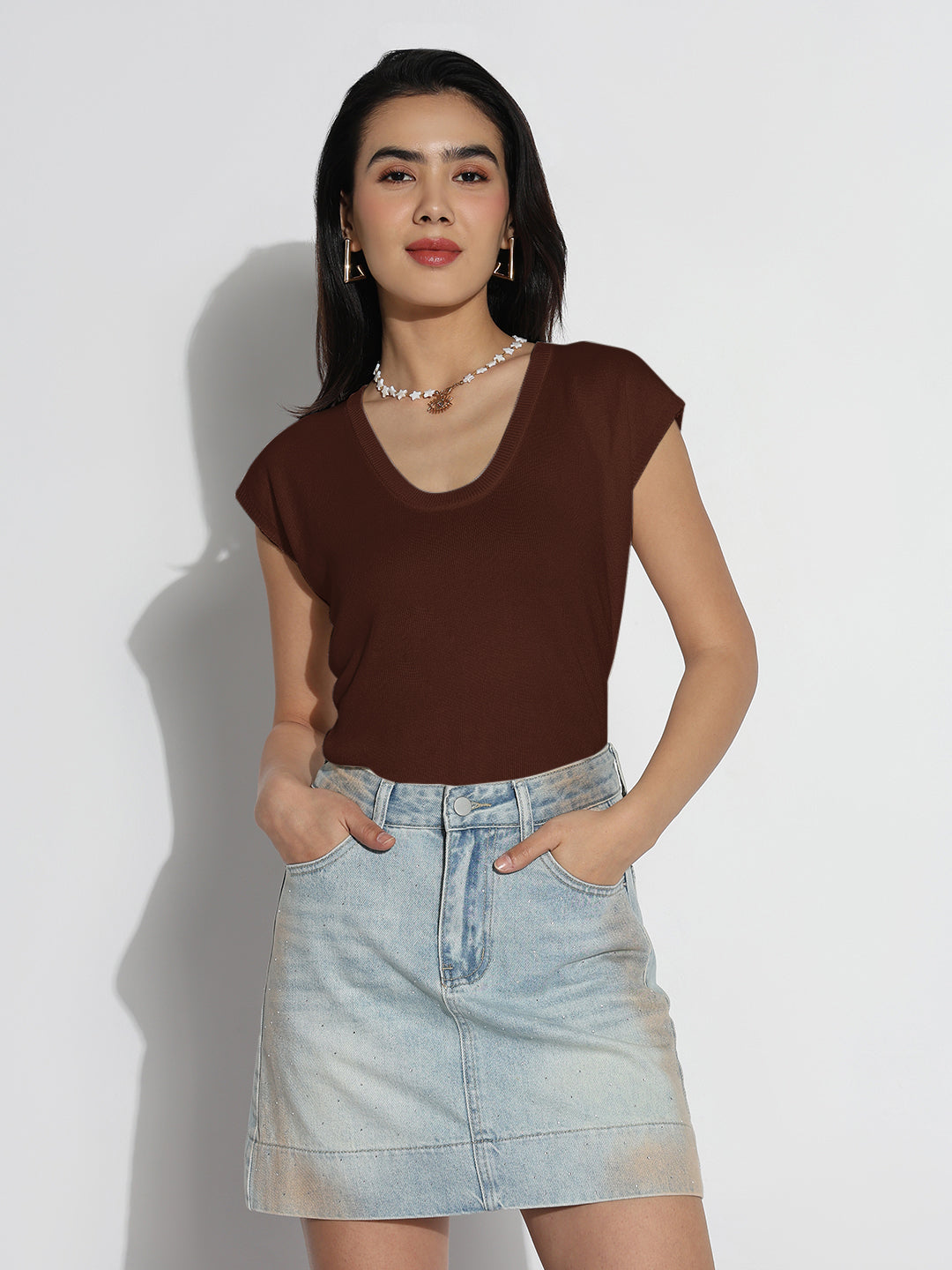Women's Casual Solid Brown Round Neck Top