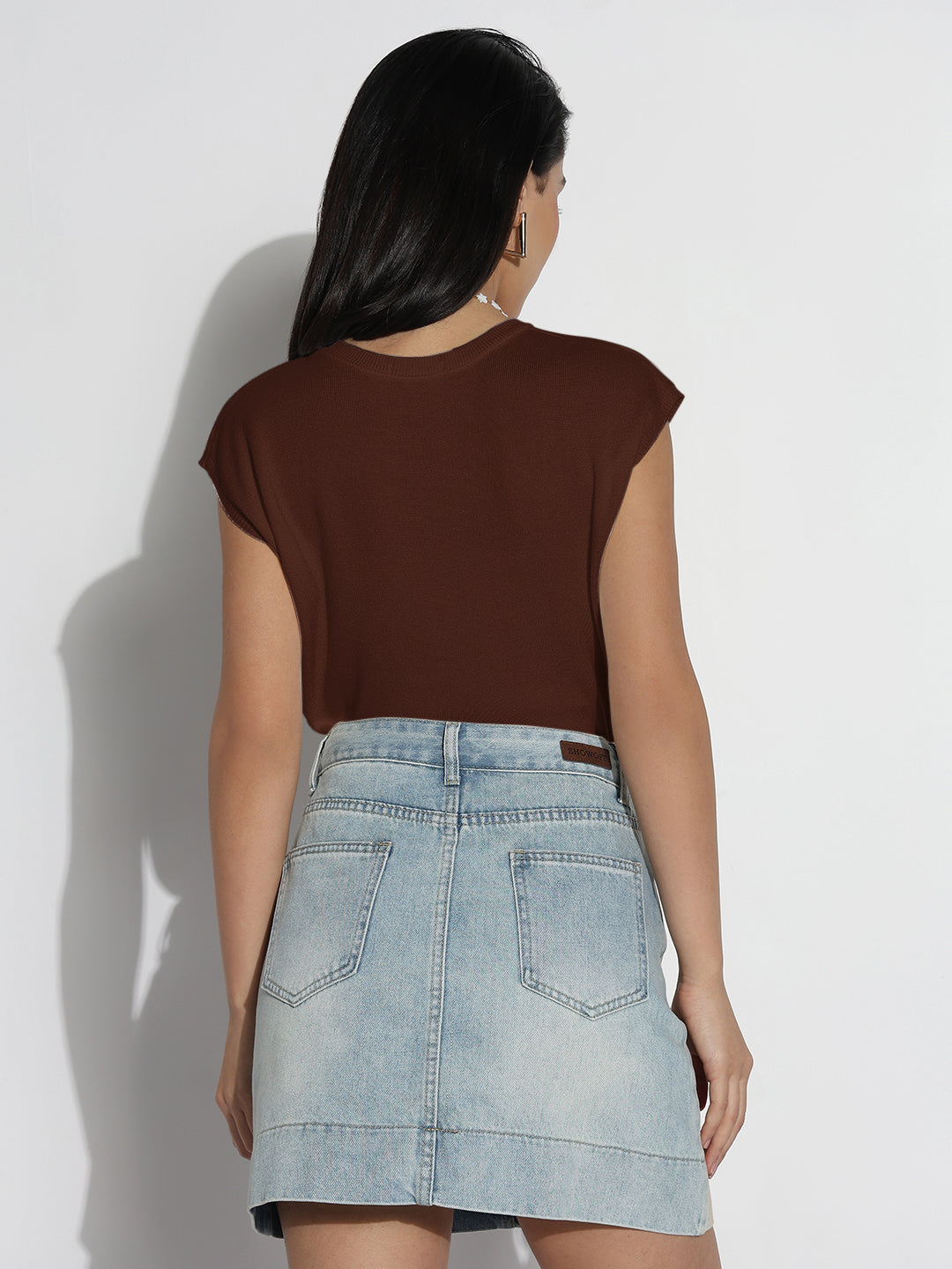 Women's Casual Solid Brown Round Neck Top