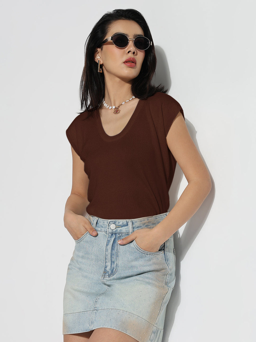 Women's Casual Solid Brown Round Neck Top