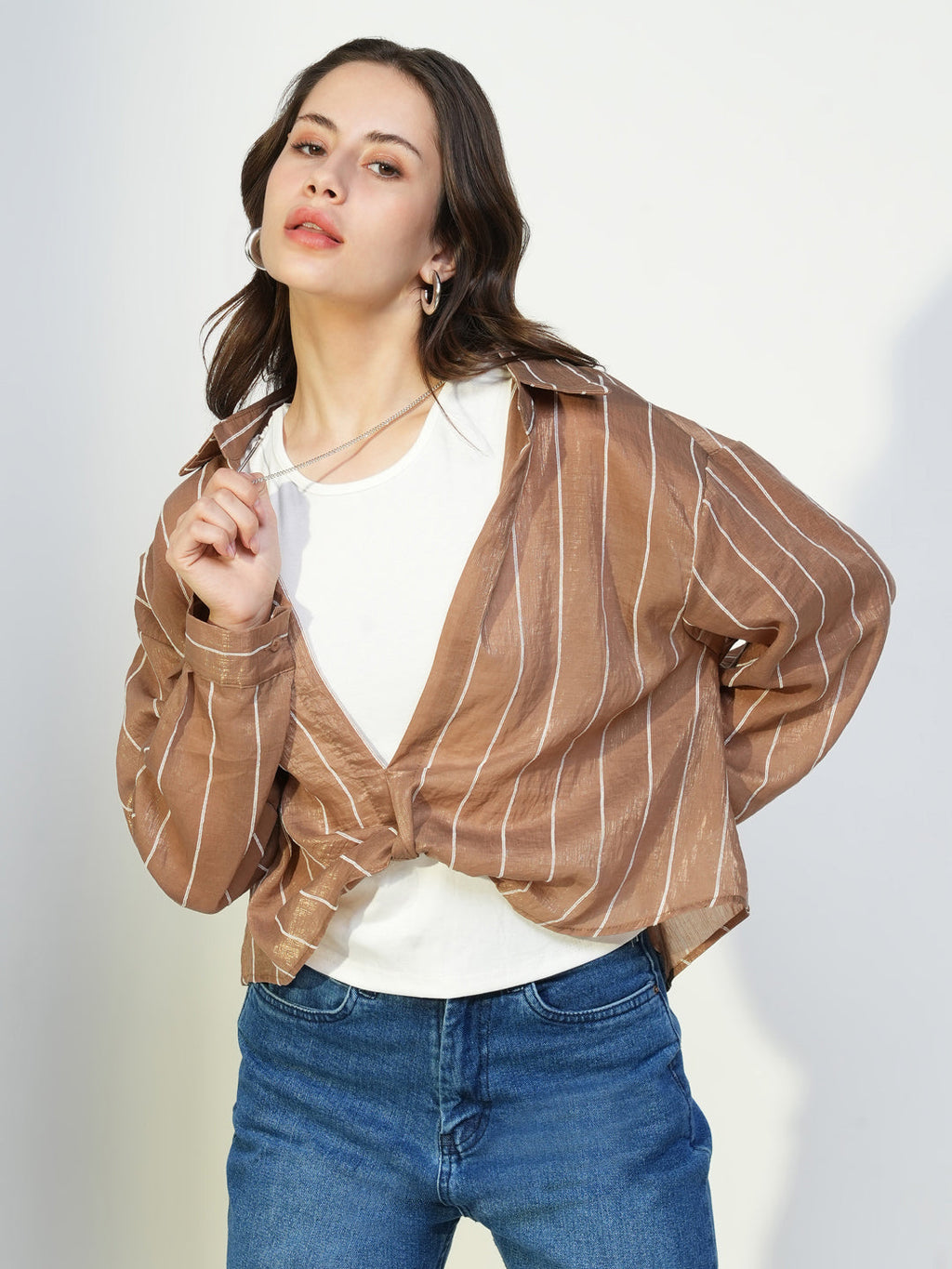 Women's Brown Solid Top with Tank Top and Chain