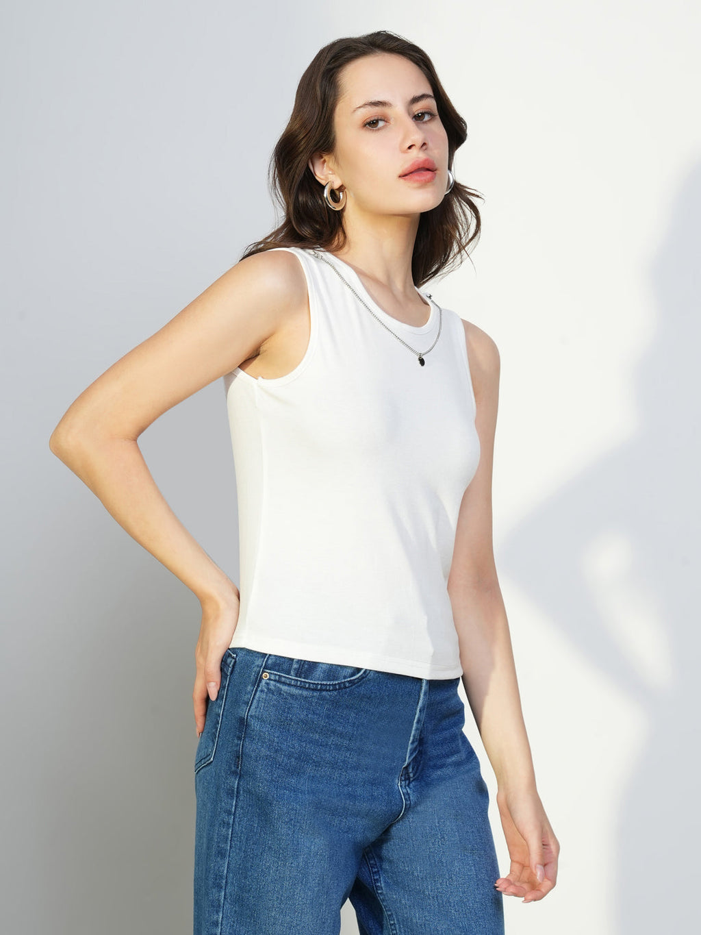 Women's Brown Solid Top with Tank Top and Chain