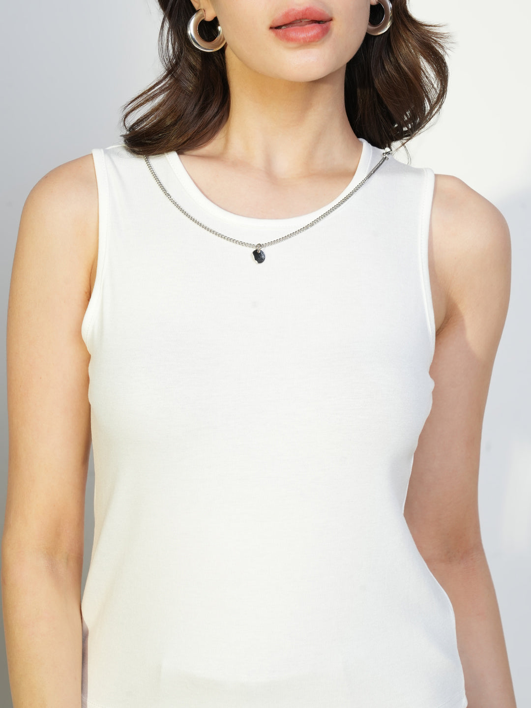 Women's Brown Solid Top with Tank Top and Chain