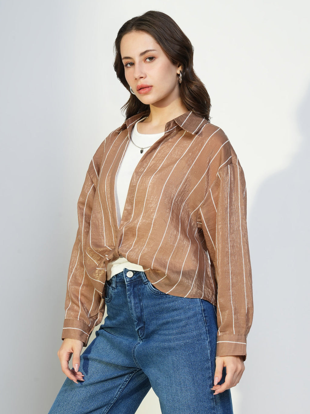 Women's Brown Solid Top with Tank Top and Chain