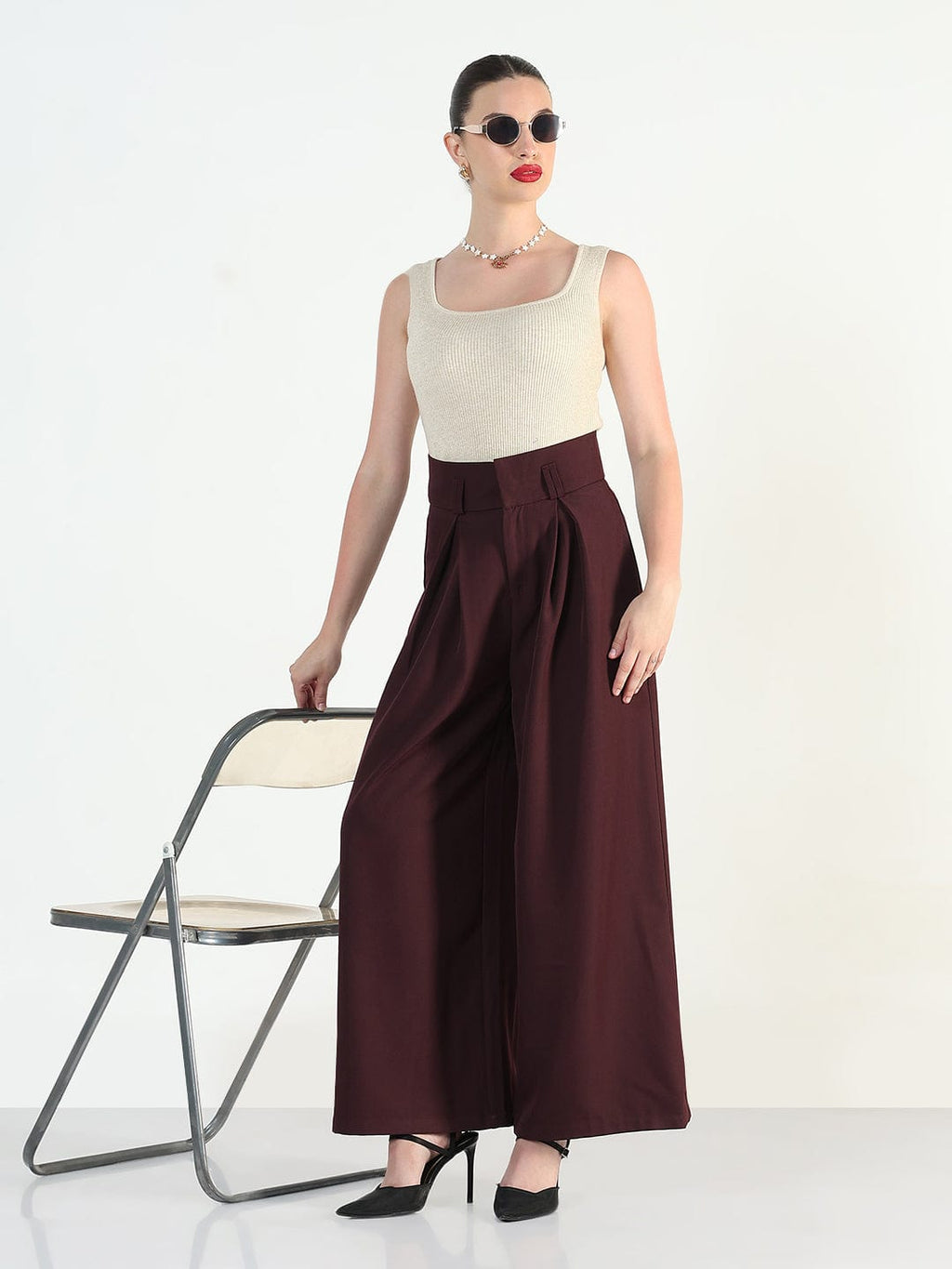 Women's Burgundy Relaxed Fit Wide Leg Trousers