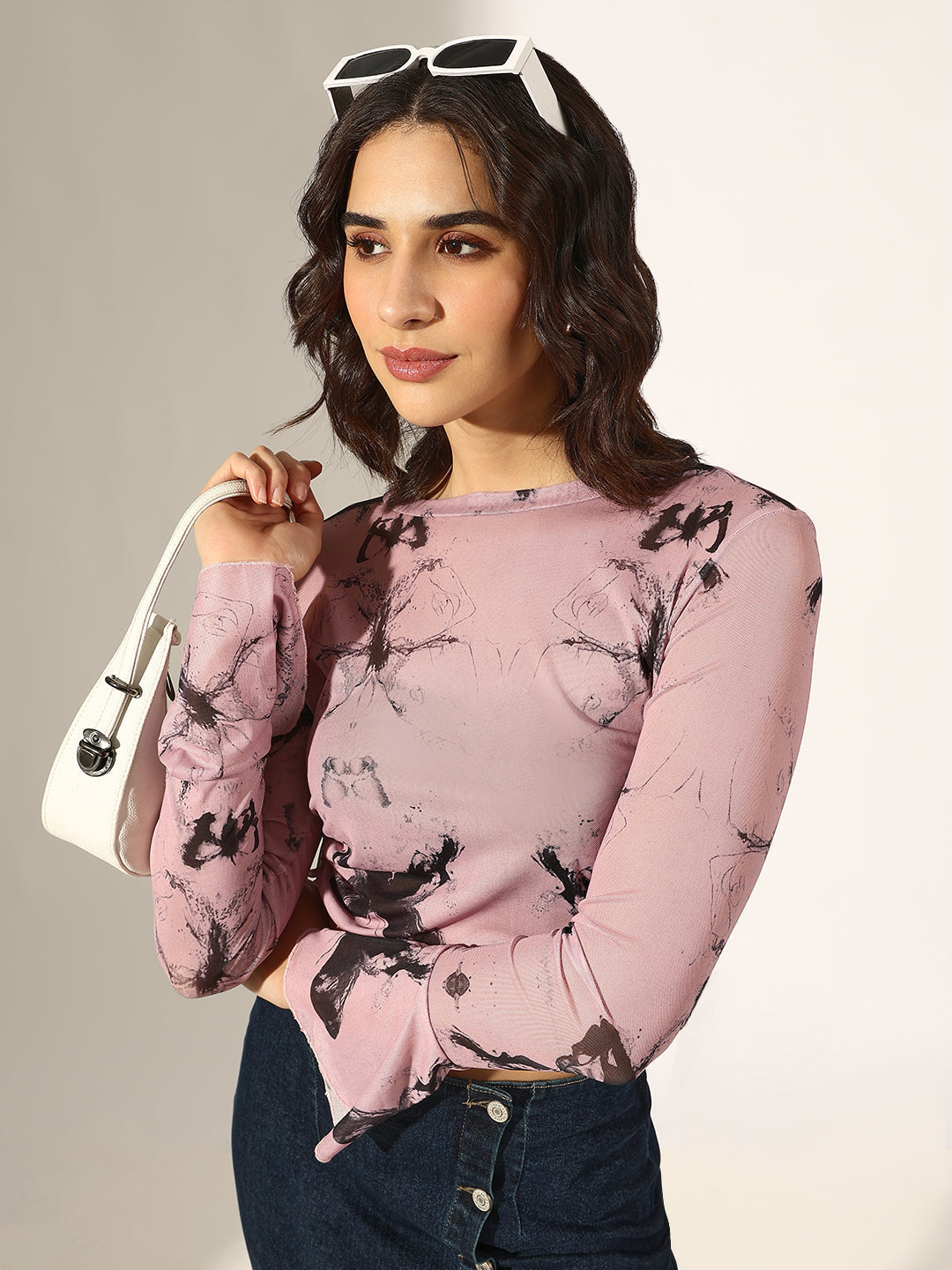 Women's Pink and Black Tie & Dye Ruched Mesh Crop Top