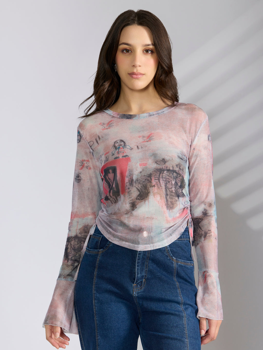 Women's Graphic Pink Fitted Ruched Mesh Top