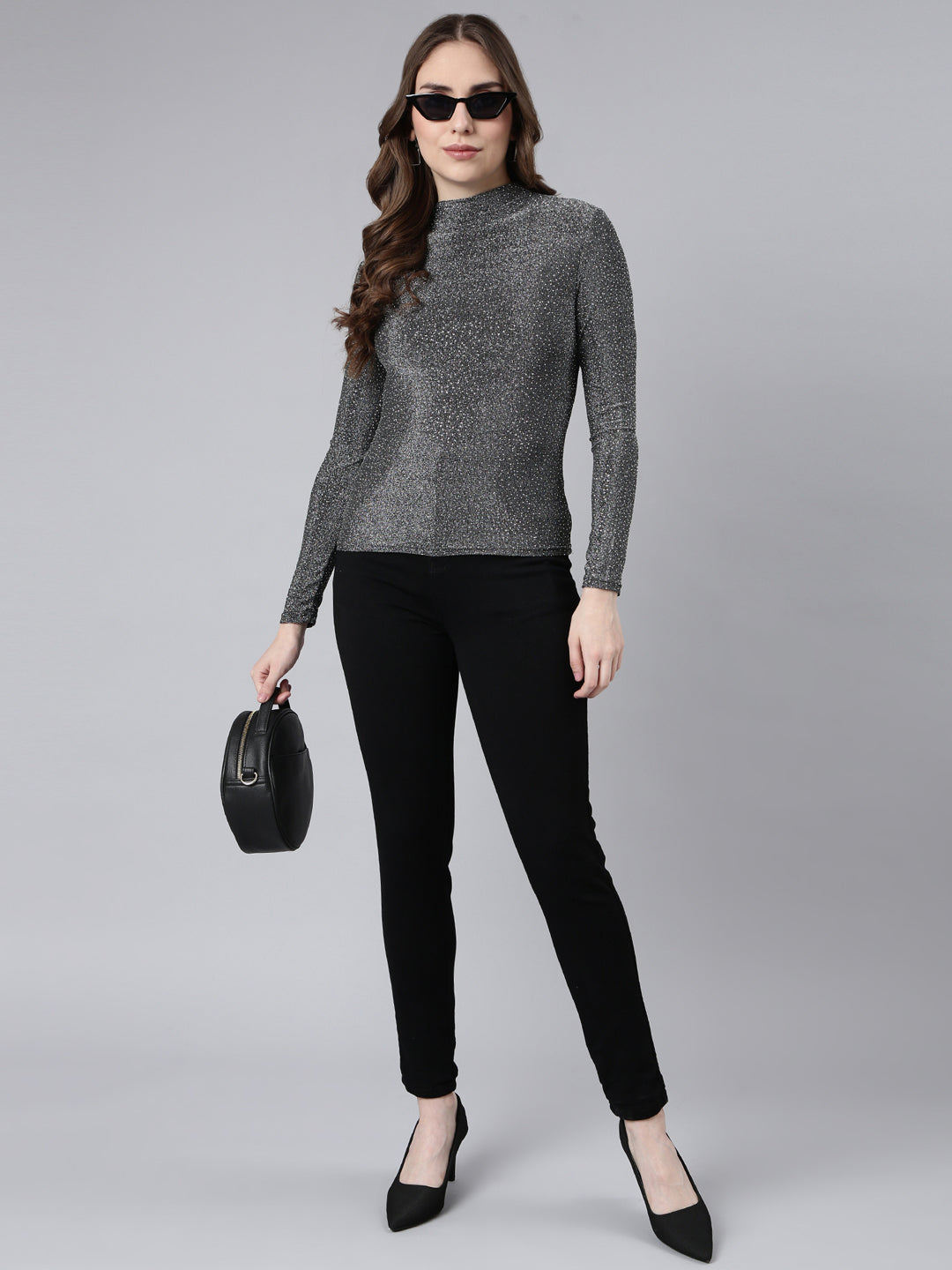 Women's Grey Self Design High Neck Studded Fitted Top