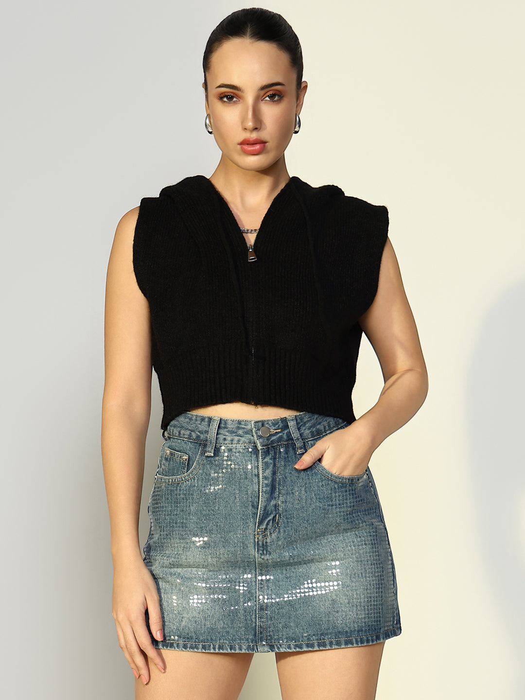 Women's Ribbed Black Hooded Top with Zip