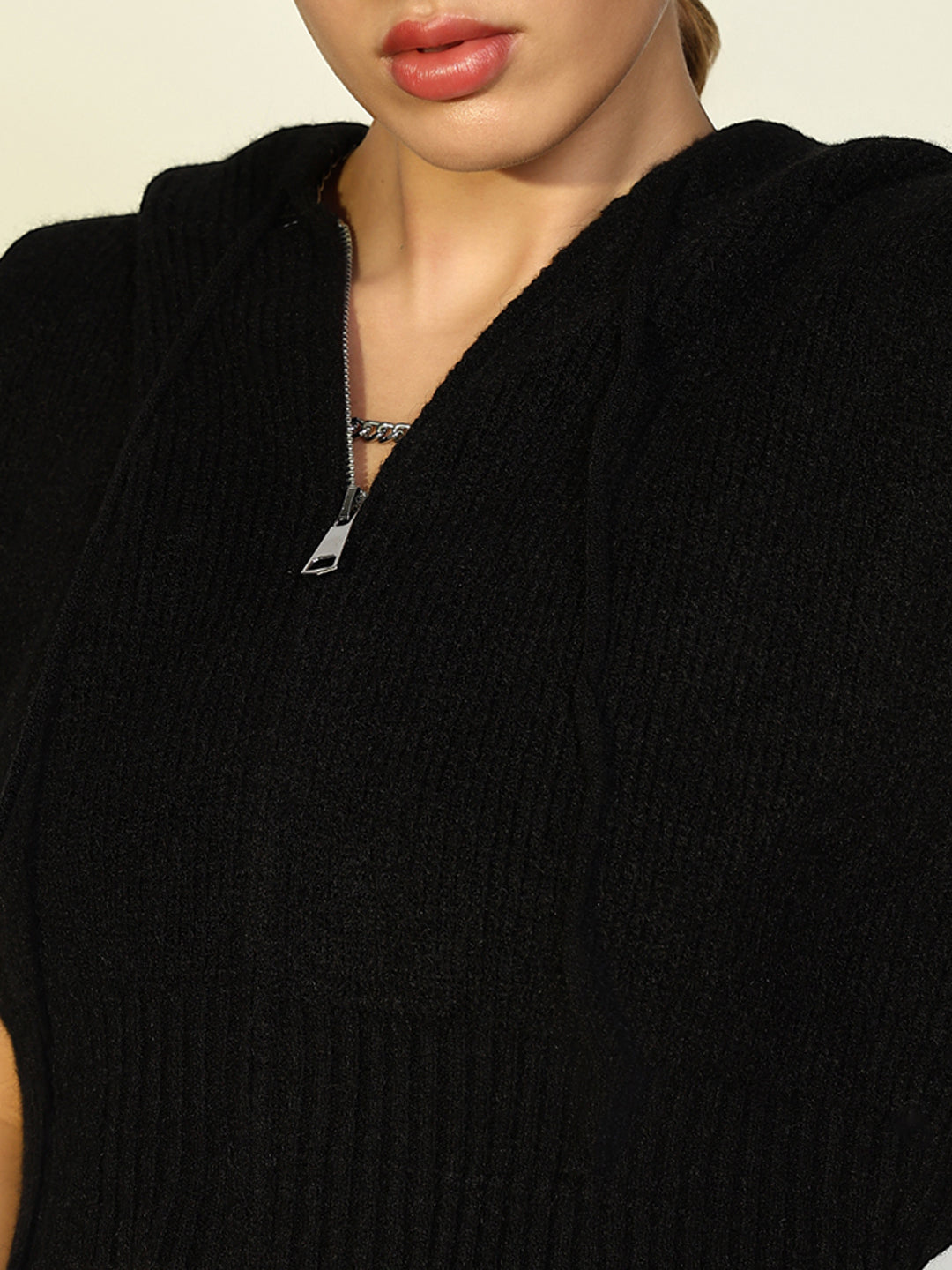 Women's Ribbed Black Hooded Top with Zip