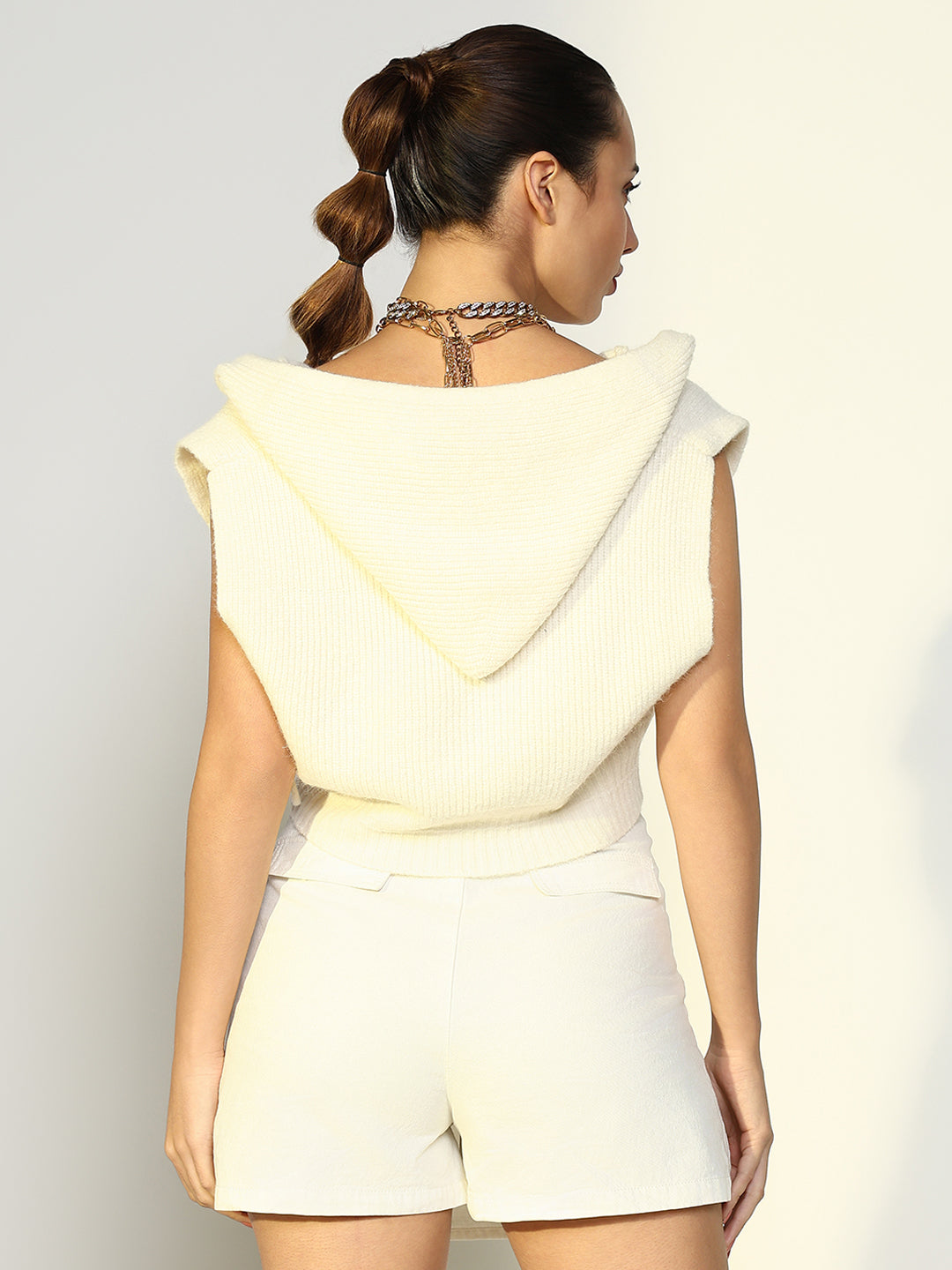Women's Ribbed Off White Hooded Top with Zip
